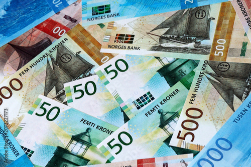 Quadro su tela Norwegian krone money bills in pile on table
