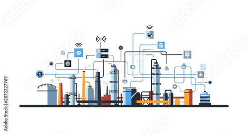 Smart Industry 4.0 Factory Automation Network with Icons and Connections