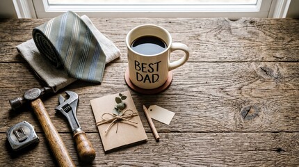 fathers day celebration, a rustic flat lay featuring a tie, coffee mug, and tools celebrating fathers day