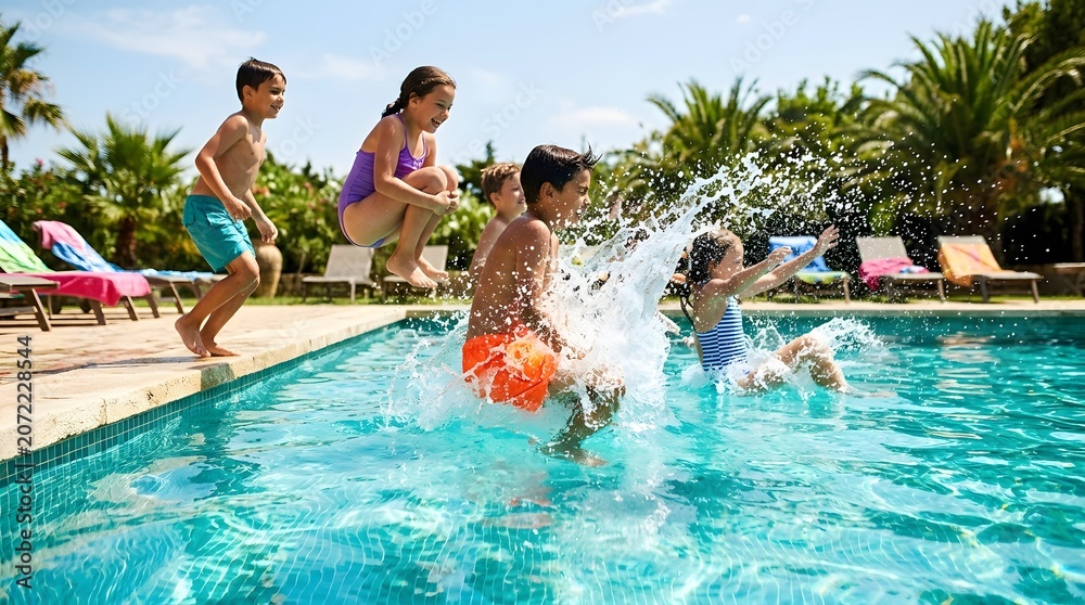 Obraz premium Kids joyfully jumping into a sparkling blue swimming pool surrounded by palm trees and lounge chairs, creating a splash of summer fun and pure childhood happiness.