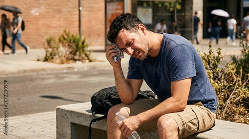 A man wipes sweat from his brow, looking exhausted and overheated under the intense summer sun on a city street, conveying the harsh reality of a heatwave.