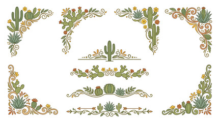 Decorative Vector Border with Cacti and Floral Elements in Earthy Desert Style
