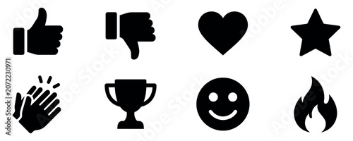 Set of black social media interaction icons including like dislike heart star clap trophy smile and fire symbols Vector