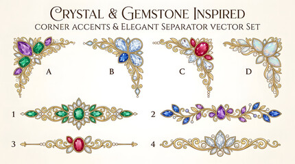 Colorful Crystal Gemstone Corner Accents Border Ornate Floral Pattern Vector Illustration