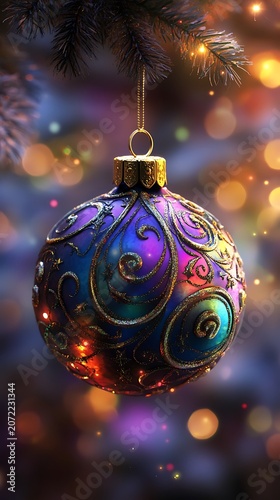Vibrant iridescent christmas ornament on tree branch