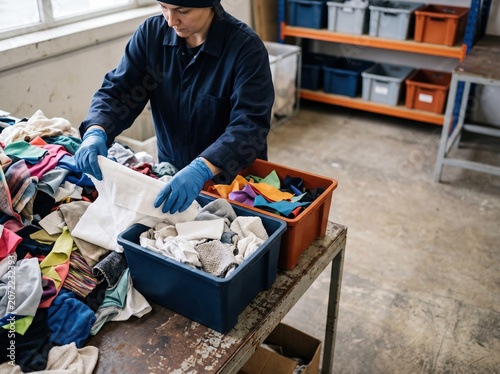 Recycling worker sorting textile waste at recovery station