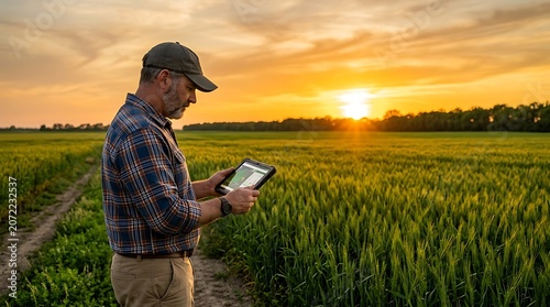 Farmer using a digital tablet to monitor crop growth in a field