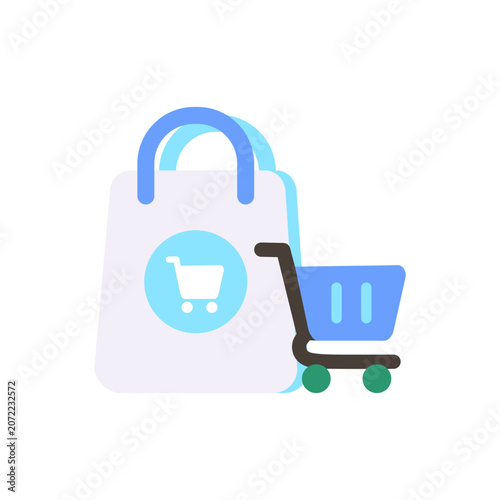Shopping bag with cart flat vector icon for online shopping, retail, e-commerce, supermarket, digital marketplace, consumer, and purchasing concepts.