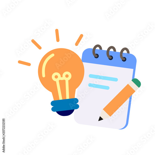 Creative ideas flat vector icon with light bulb, notepad, and pencil. Ideal for brainstorming, innovation, education, planning, productivity, and business concepts.