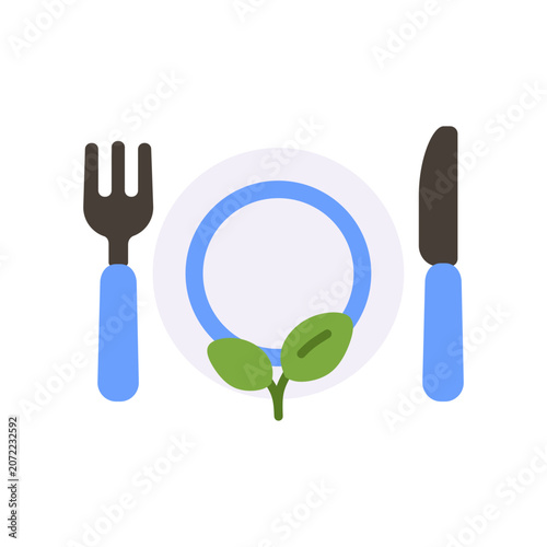 Eco-friendly dining flat vector icon featuring a plate with green leaves, fork, and knife. Perfect for sustainable food, organic restaurant, healthy eating, and environmental concepts.