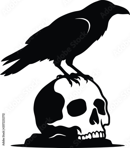 Fotografía Black silhouette of a raven perched upon a human skull vector illustration