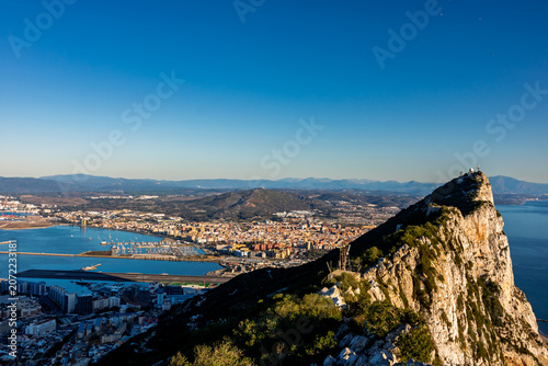 Scenic view of Gibraltar harbor from the Rock of Gibraltar. Port of Gibraltar.