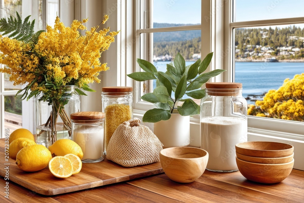 Obraz premium Bright rustic still life with lemons, jars and yellow flowers on a wooden kitchen countertop