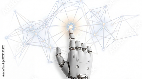 Robotic finger touching glowing network node isolated on transparent background, AI connectivity concept cutout