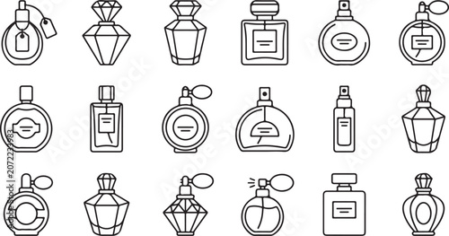 Obraz na płótnie Collection of various perfume bottle icons in line art style on white background