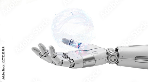 Robotic hand offering glowing data sphere isolated on transparent background, big data AI concept cutout