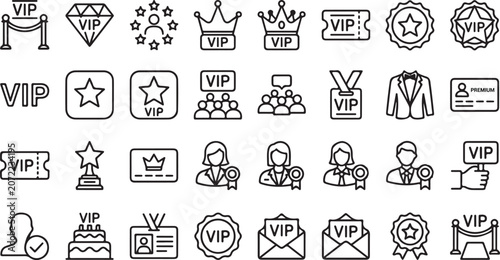 Cuadro en lienzo Collection of black line icons representing vip access and exclusive privileges