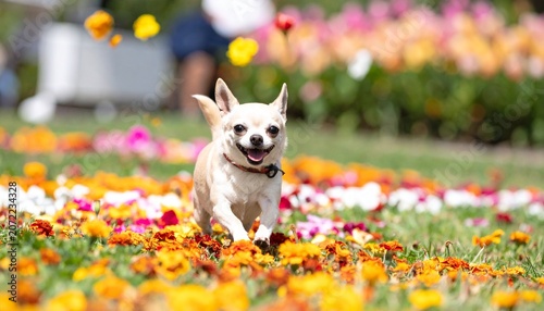 Adorable Fawn Chihuahua Puppy Sitting on a Rug Surrounded by Colorful Flowers
