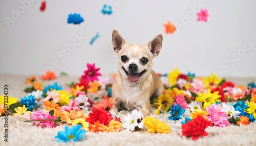 Adorable Fawn Chihuahua Puppy Sitting on a Rug Surrounded by Colorful Flowers