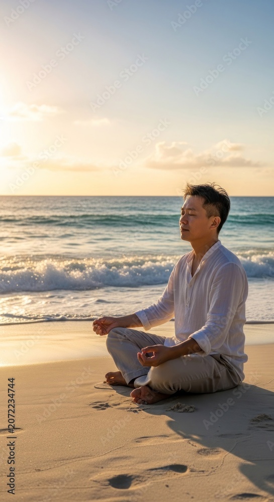 Fototapeta premium Young man meditates in lotus position on sandy shore during golden hour
