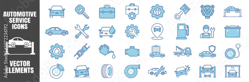 Car service and repair icon set with tools and diagnostic elements. Automotive maintenance icons on white background.