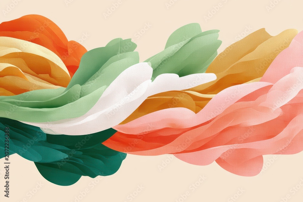 Obraz premium Abstract soft flowing color waves in green, pink and orange with layered fabric texture