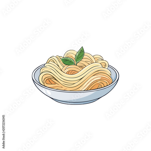 Hand Drawn Illustration of Delicious Spaghetti Pasta Served in a Simple White Ceramic Bowl Garnished with Fresh Green Basil Leaves