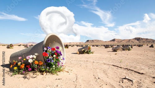 Surreal Desert Landscape with Megaphones Filled with Flowers and an Ear Shaped Cloud