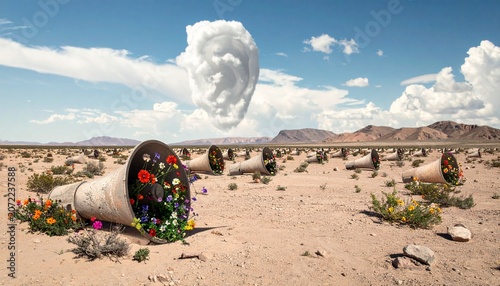 Surreal Desert Landscape with Megaphones Filled with Flowers and an Ear Shaped Cloud