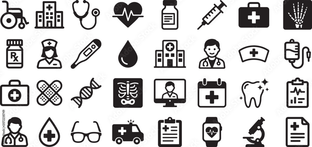 Naklejka premium Medical-Healthcare Icons Collection Featuring Hospital Services, Telemedicine, Diagnostics, Emergency Care, Patient Treatment, Pharmacy, Dental Health, and Clinical Technology