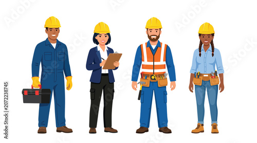 Diverse professional group of construction workers and engineers standing together in bright yellow safety helmets