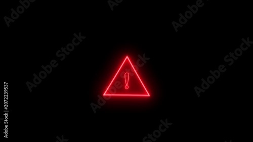 Glowing light neon  warning attention icon animation danger risk alert road warning sign stop error signal emergency issue sign symbol ,Neon warning icon animation.