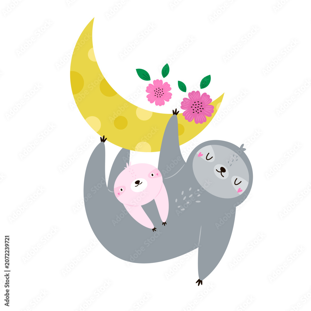 Fototapeta premium Cute cartoon sloth and baby sloth hanging on a crescent moon with flowers