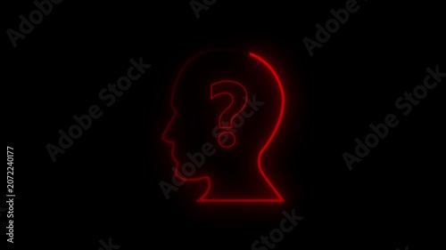 Neon person icon with glowing question marks, symbolizing confusion or inquiry on a dark background