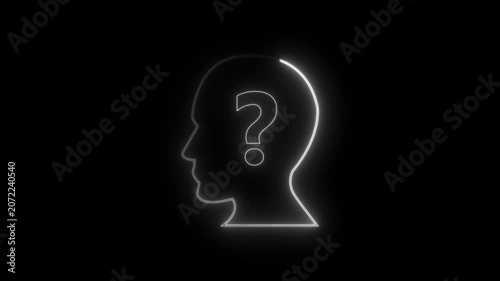Neon person icon with glowing question marks, symbolizing confusion or inquiry on a dark background