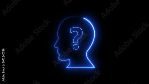 Neon person icon with glowing question marks, symbolizing confusion or inquiry on a dark background