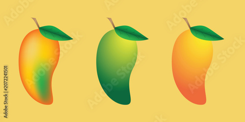 Foto Three mangoes with different levels of ripeness, from green to orange and red, v