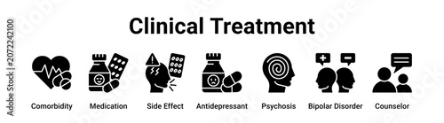 Bild auf Leinwand Clinical Treatment web banner icon vector illustration concept for medical with icon of Comorbidity, Medication, Side Effect, Antidepressant, Psychosis, Bipolar