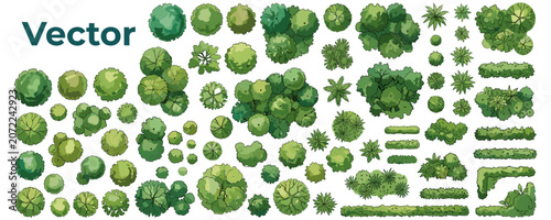 Cuadro en lienzo Watercolor green trees and forest plants in top view for landscape plans, archit