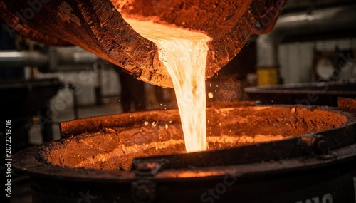 Closeup medium shot of small batch molten steel pouring carefully into a ladle emphasizing the bright liquid steel with foreground sharp and surroundings softly blurred.