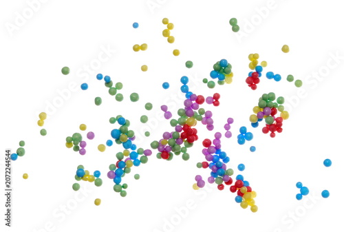 Colorful circle styrofoam sticky balls flying, pattern and texture isolated on background, concept of atoms and molecules, clipping path, design element