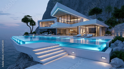 Modern house with swimming pool near ocean at sunset