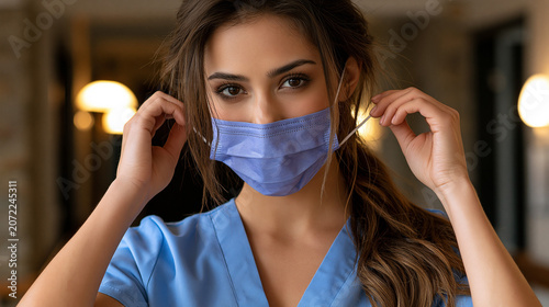Healthcare worker adjusts mask in medical facility during the day