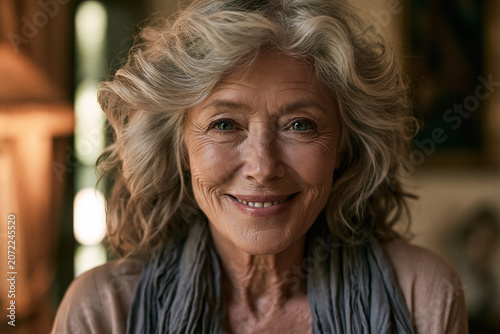 Woman smiles warmly in indoor setting with soft lighting during afternoon