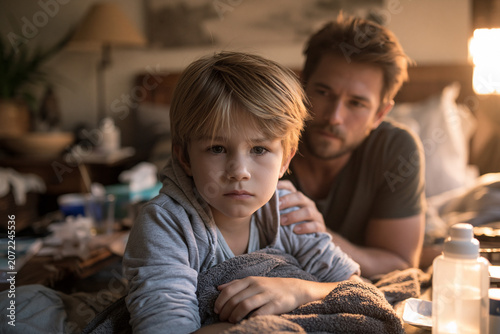 Father and son sit together in a bedroom during a quiet moment in the morning