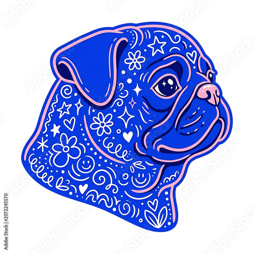 Stylized pug dog head illustration with decorative floral and doodle patterns isolated on transparent background