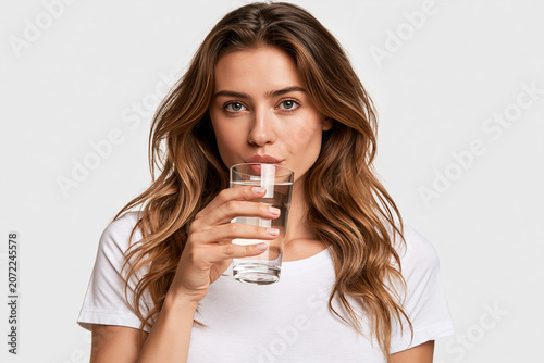 Woman drinks water from a glass while looking at the camera