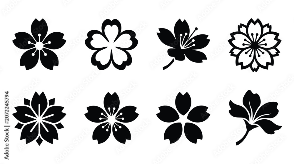 Fototapeta premium Black and white flower silhouettes set Vector