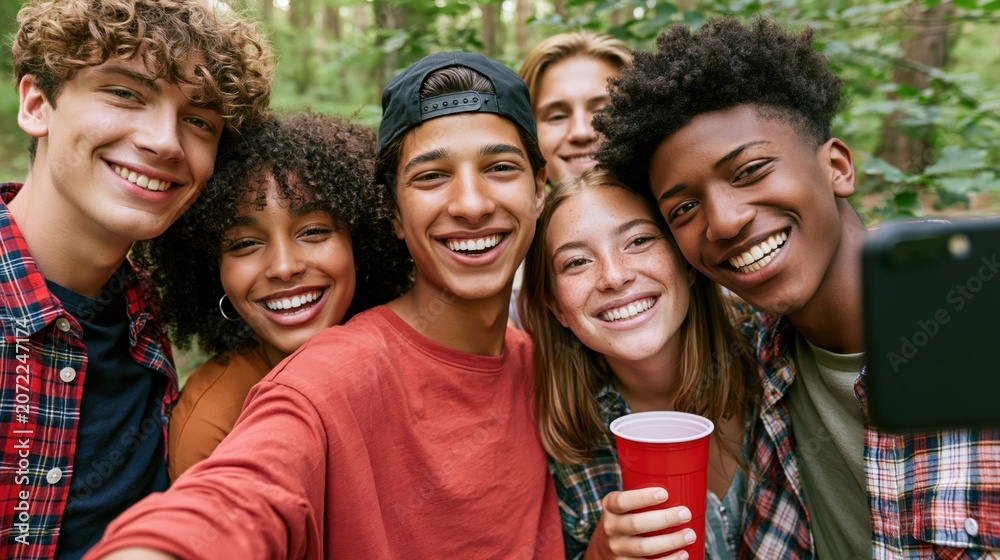 Obraz premium Diverse group of five teenagers smiling and taking a selfie in a forest setting