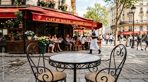 Charming Parisian Cafe Scene with Outdoor Seating on a Sunny Day.